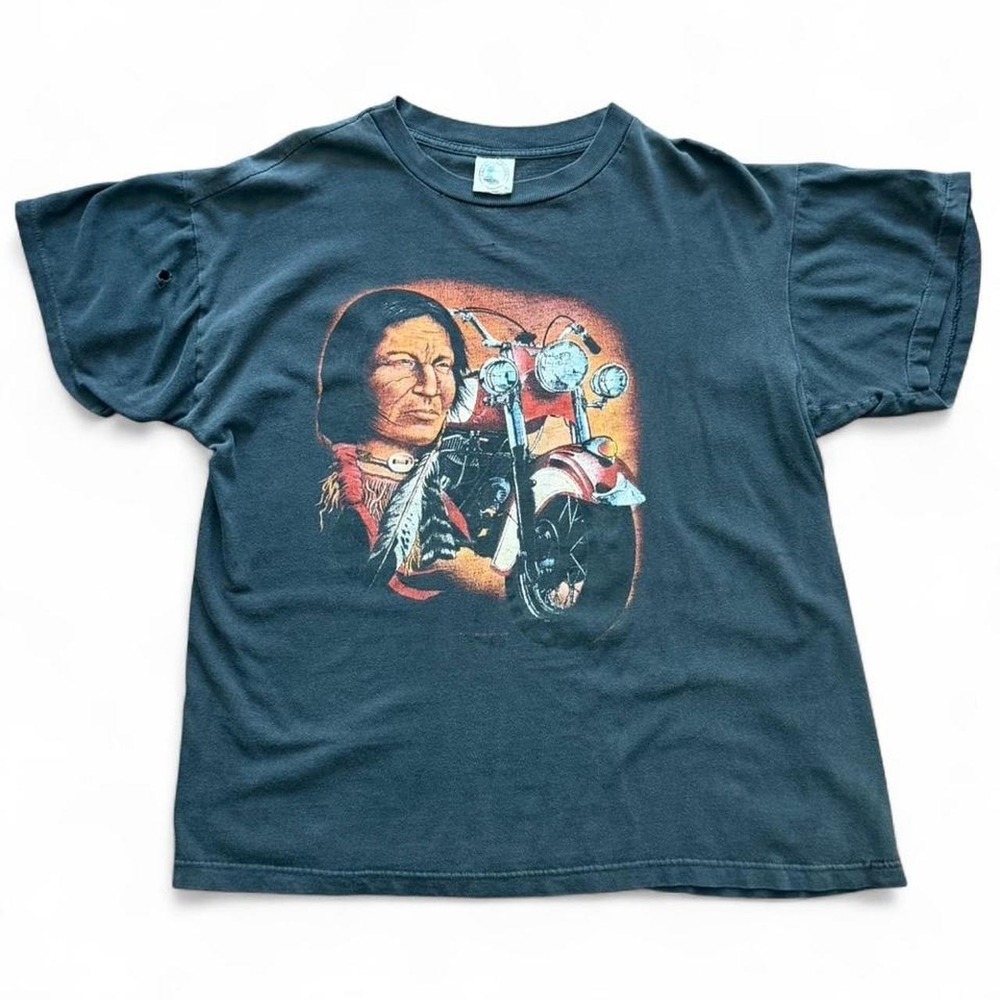 Vintage 90s Aboriginal Native Chief Motorcycle Biker Distressed Faded T-shirt XL